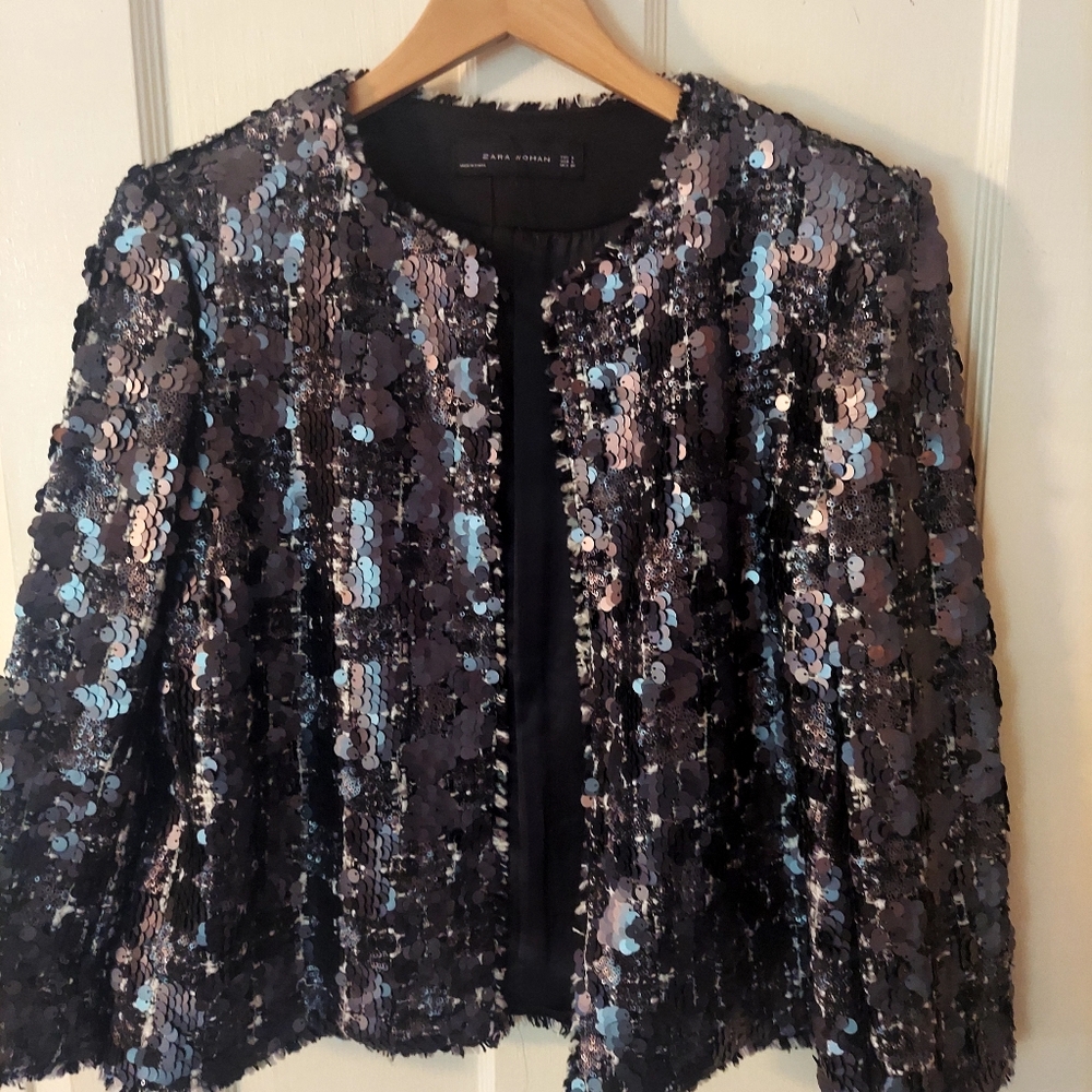 Zara Cropped Jacket. Black With "Metallic" Sequin Detail Over Fabric. Large.